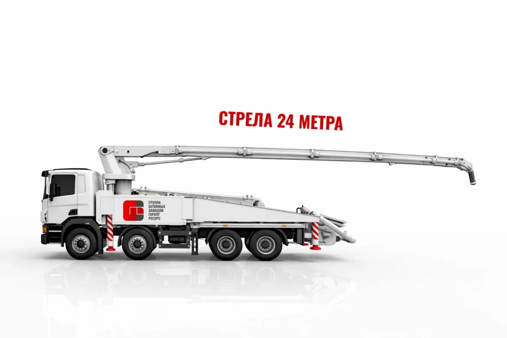 Автобетононасос со стрелой 24 м для подачи бетона на строительном объекте в Железнодорожном